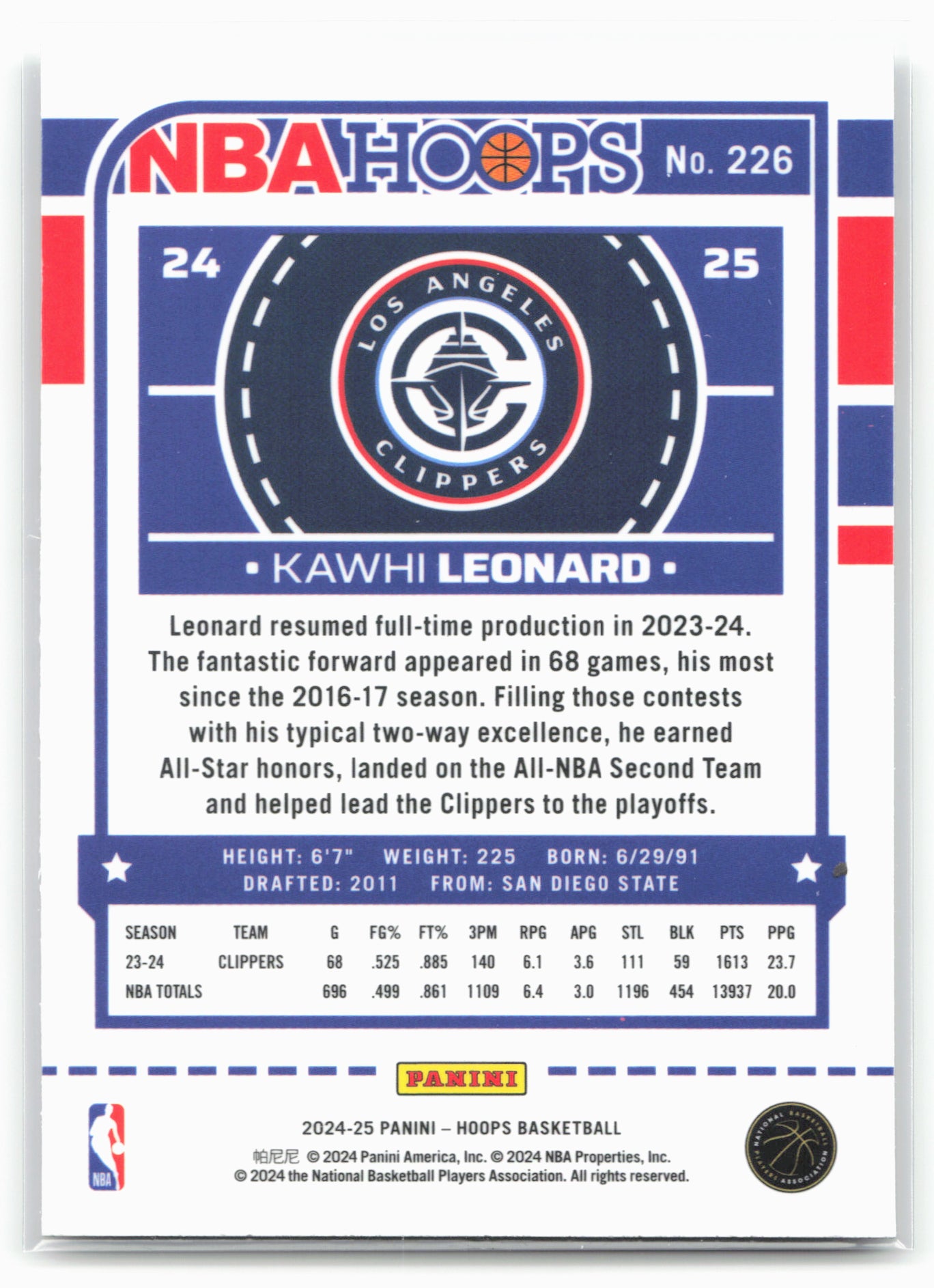 2024-25 Hoops #226 Kawhi Leonard Premium