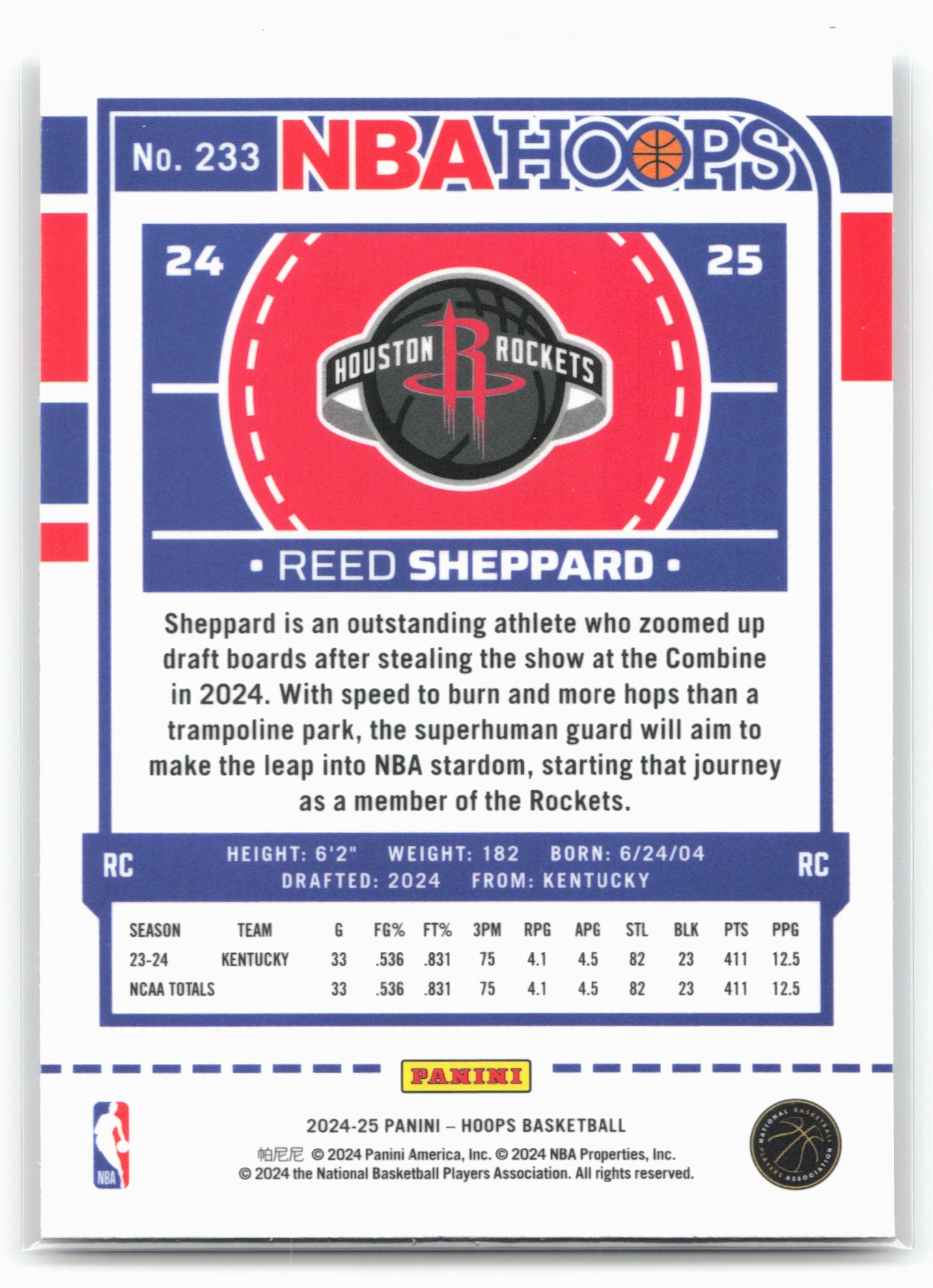 2024-25 Hoops #233 Reed Sheppard Premium