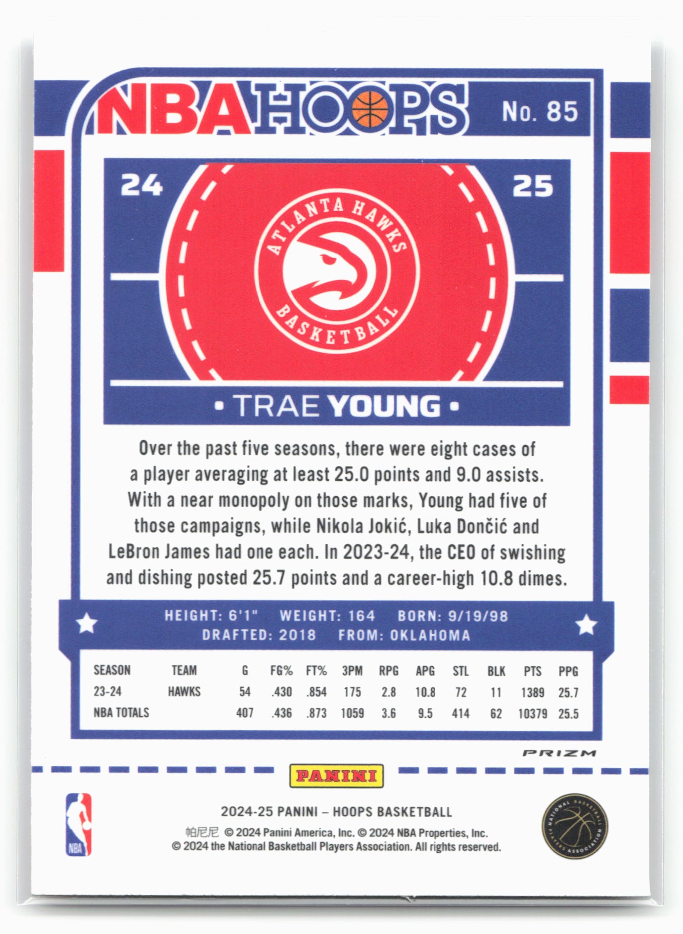 2024-25 Hoops #85 Trae Young Premium Prizms Silver