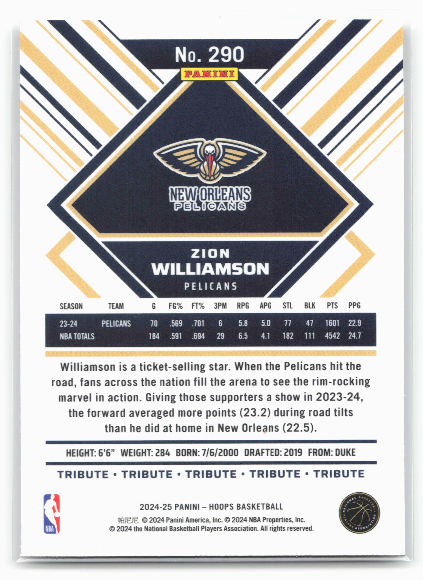 2024-25 Hoops #290 Zion Williamson Premium