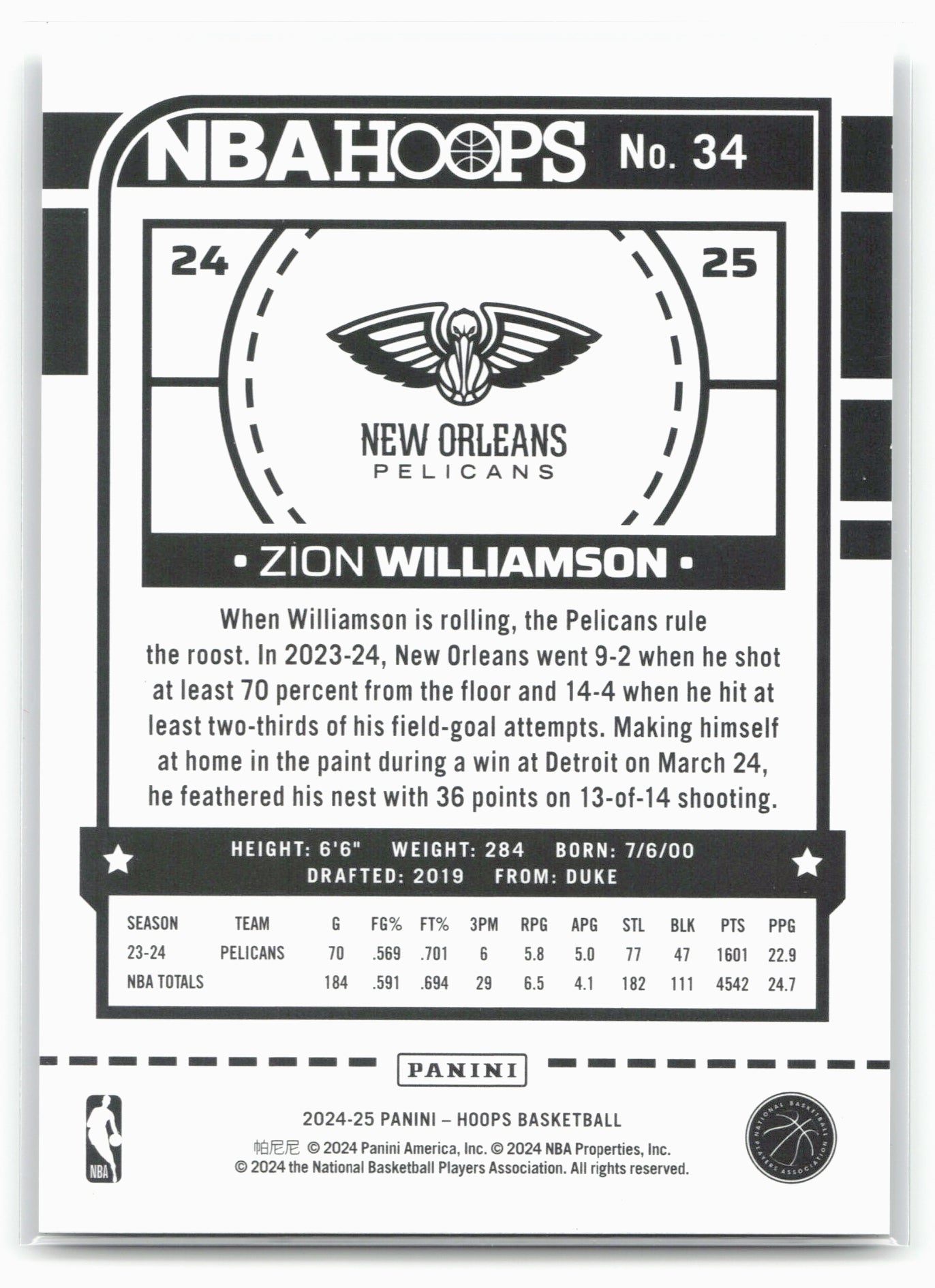 2024-25 Hoops #34 Zion Williamson Silver #/199