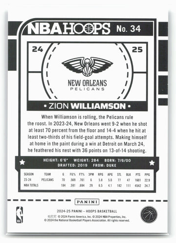 2024-25 Hoops #34 Zion Williamson Silver #/199