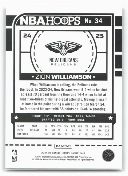 2024-25 Hoops #34 Zion Williamson Silver #/199