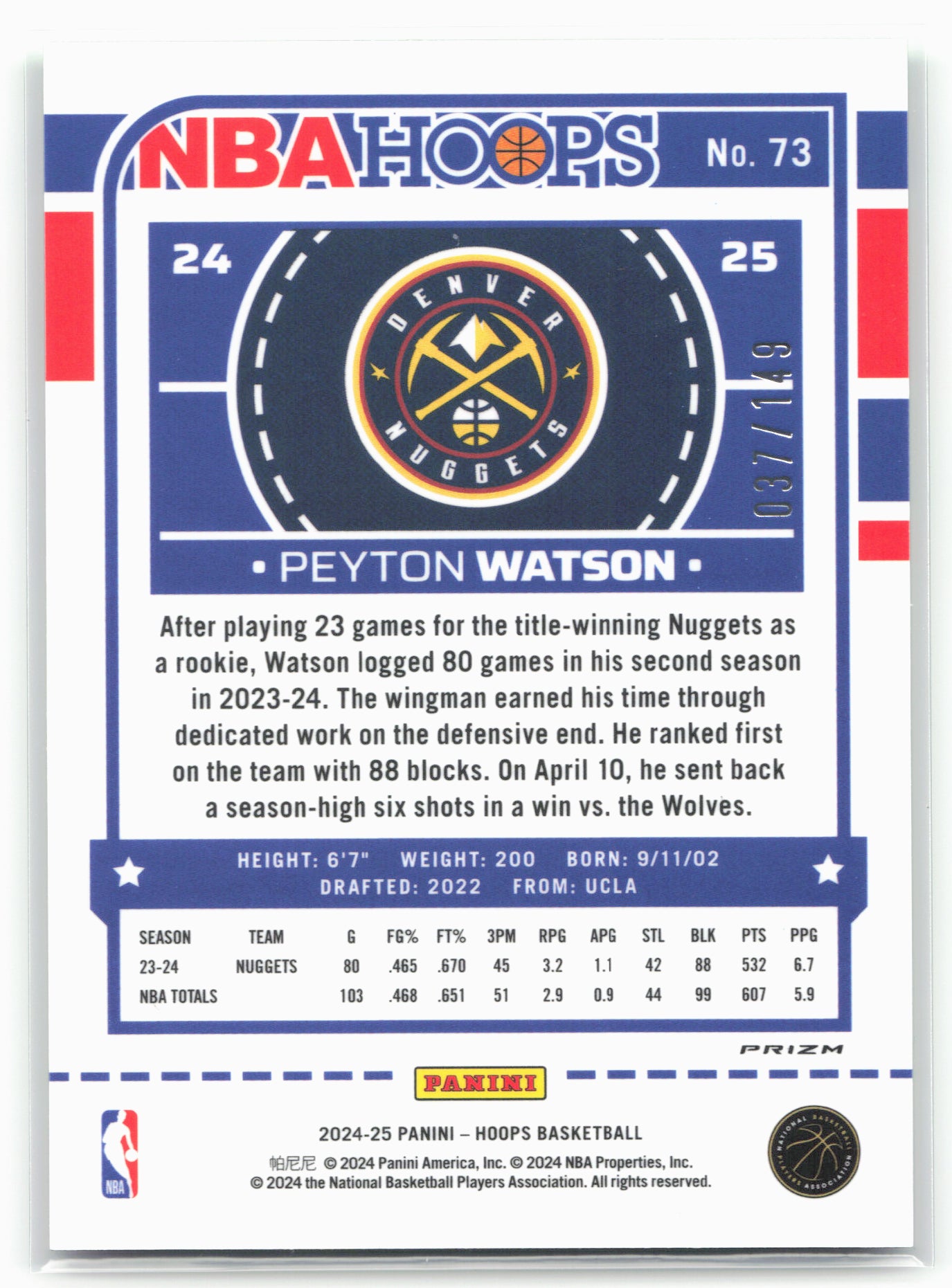 2024-25 Hoops #73 Peyton Watson Premium Prizms Lime Green #/149