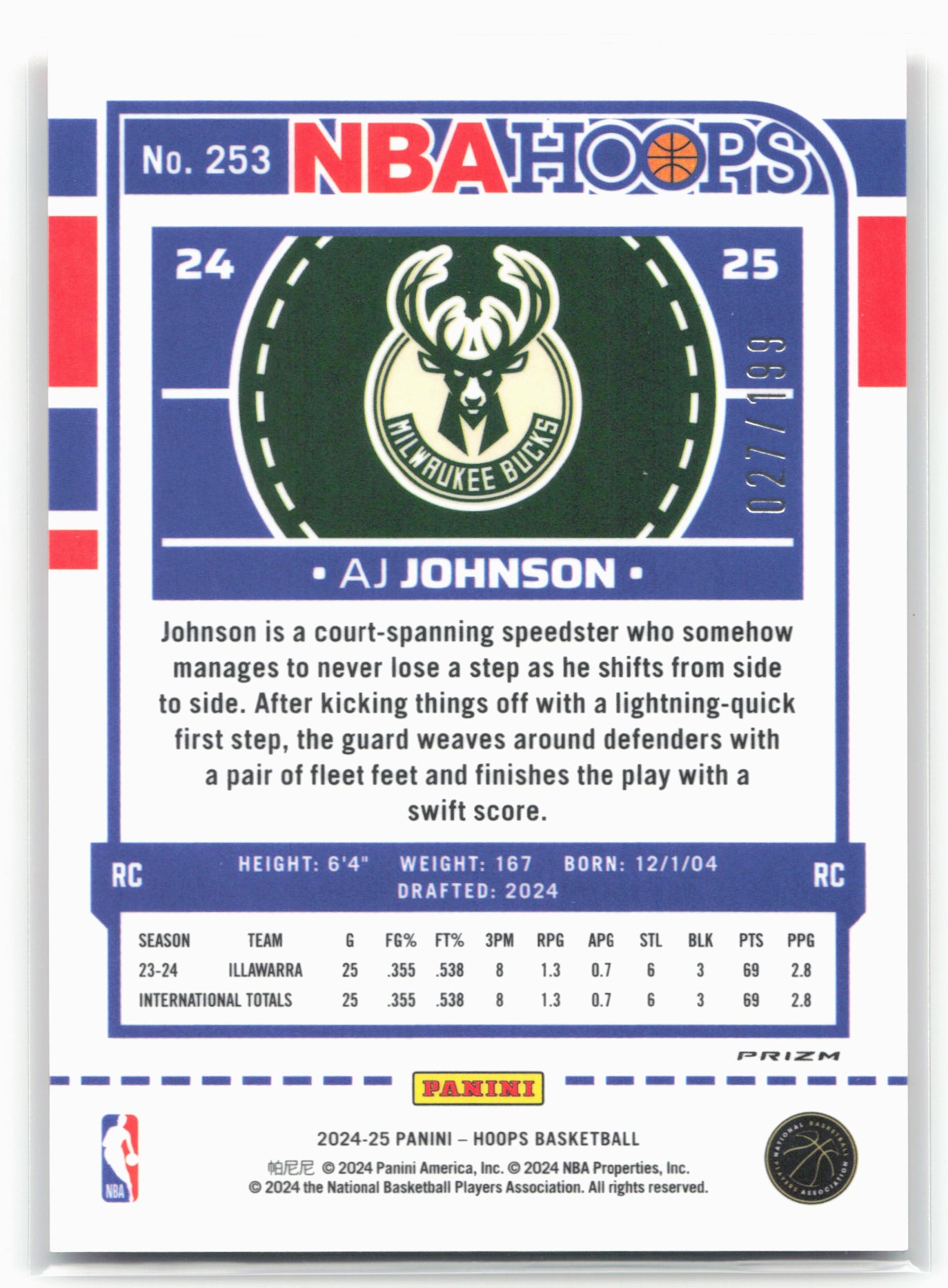 2024-25 Hoops #253 AJ Johnson Premium Prizms Orange #/199