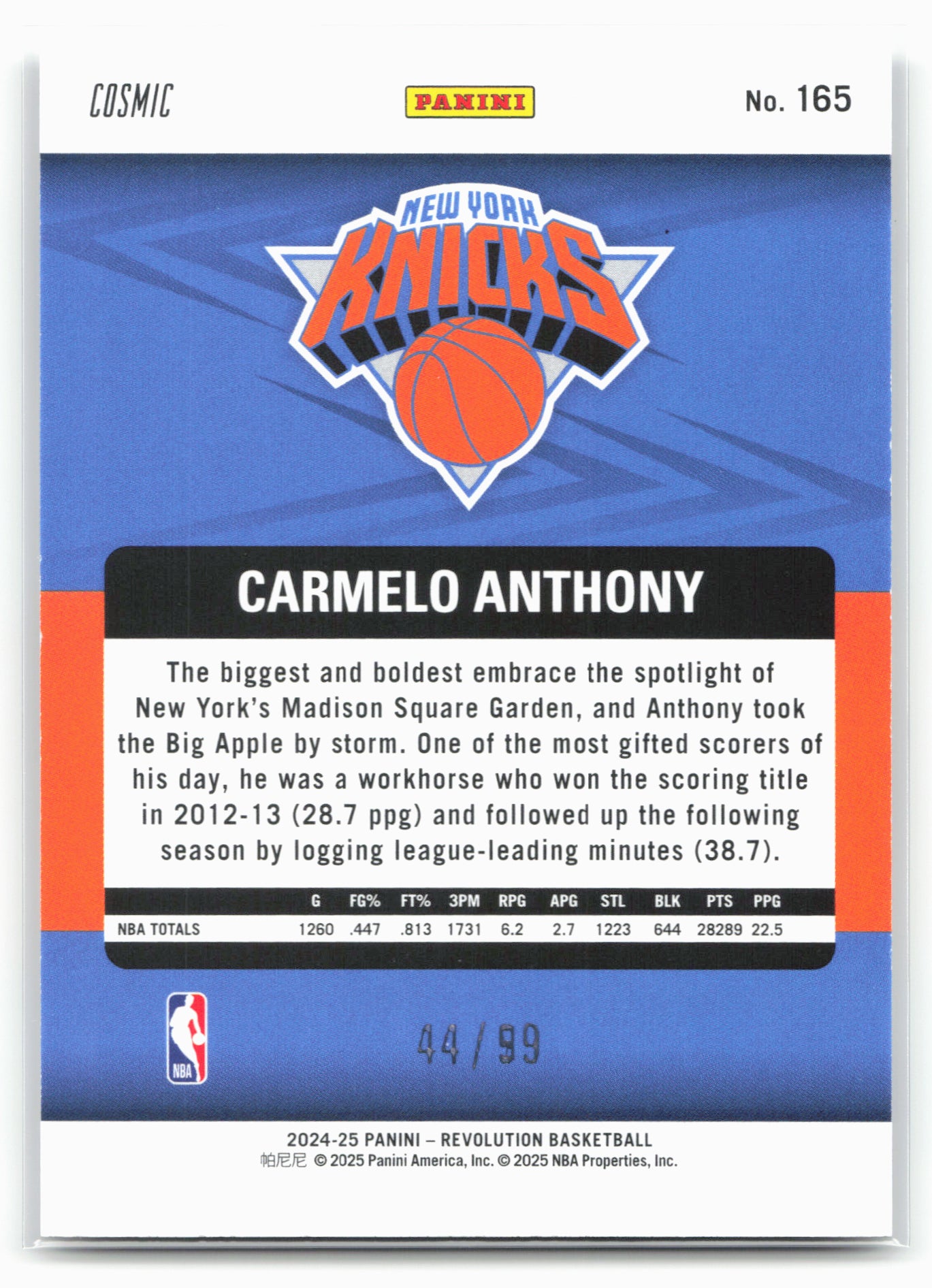 2024-25 Panini Revolution #165 Carmelo Anthony Cosmic #/99