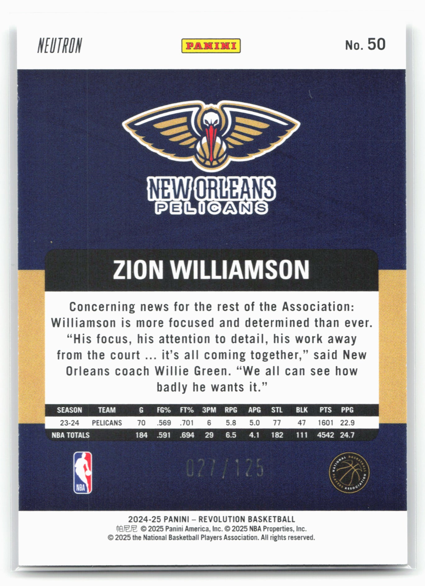 2024-25 Panini Revolution #50 Zion Williamson Neutron #/125