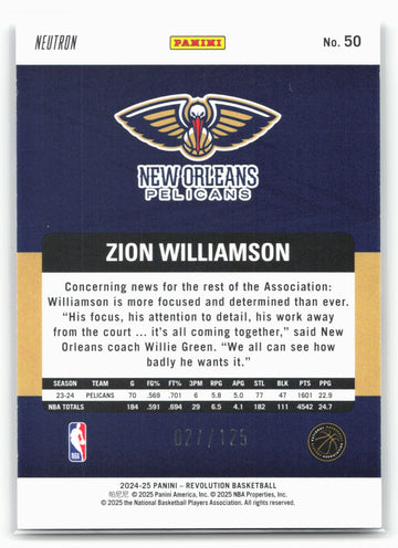 2024-25 Panini Revolution #50 Zion Williamson Neutron #/125