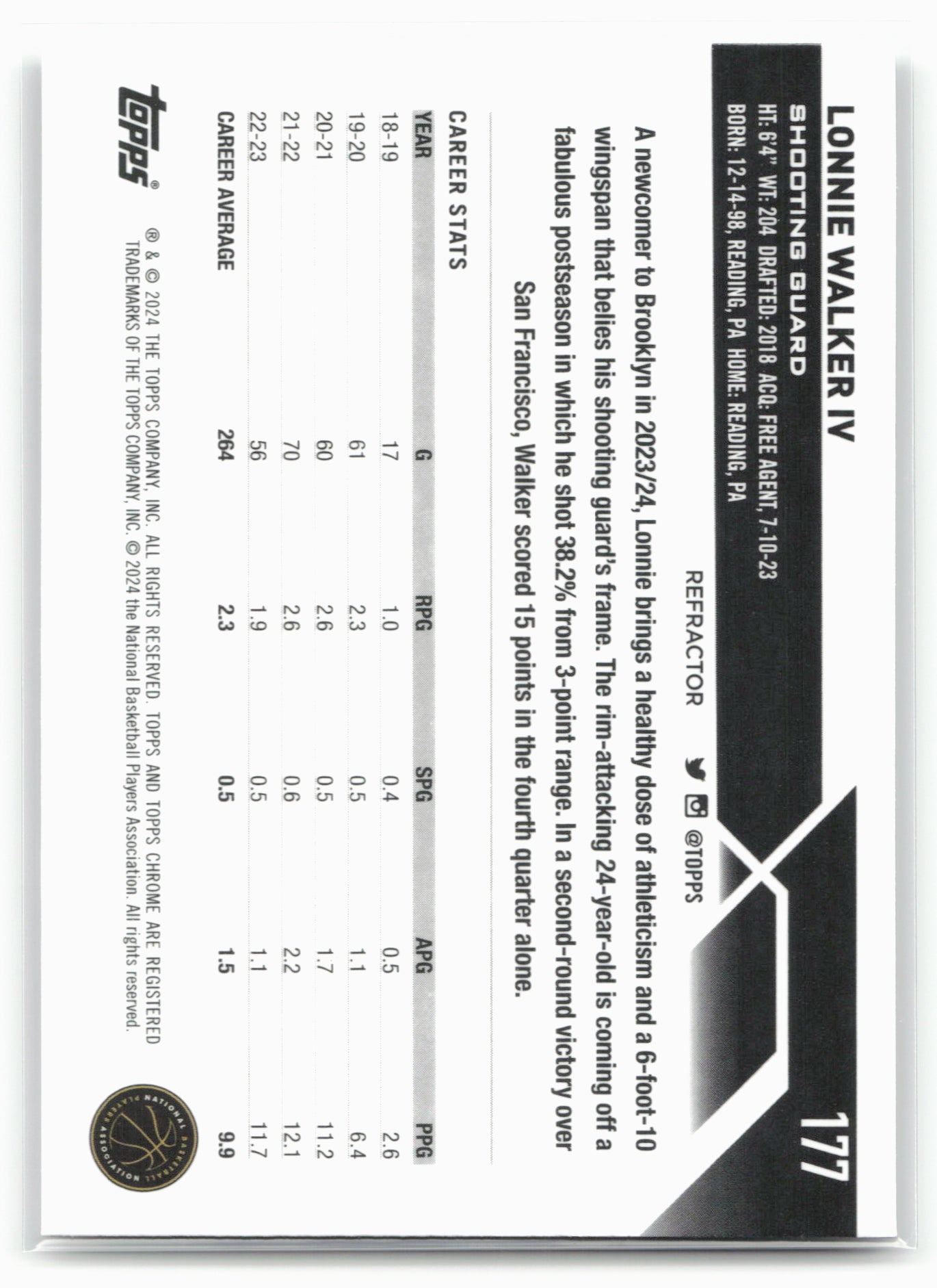 2023-24 Topps Chrome #177 Lonnie Walker IV Refractors