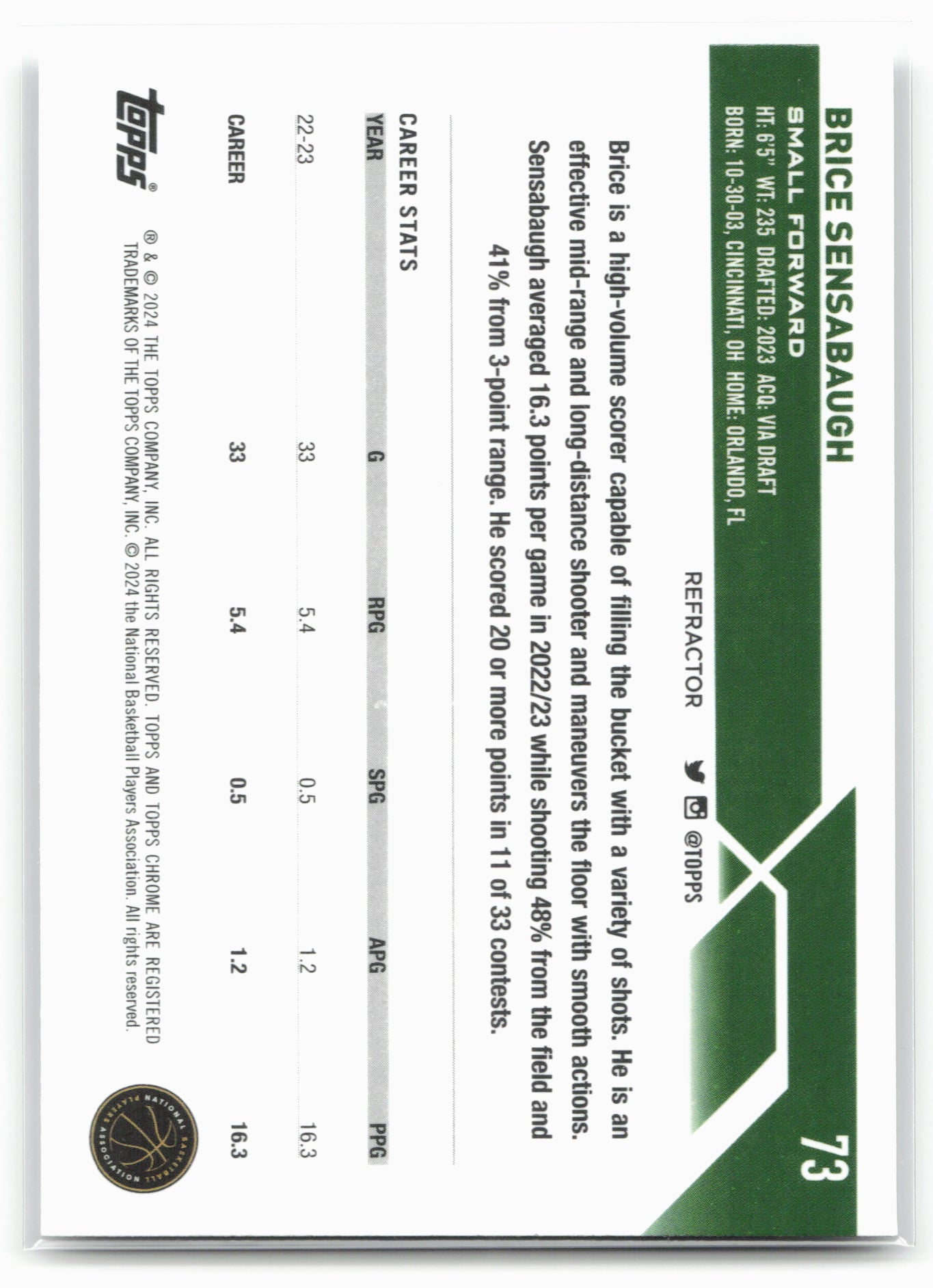 2023-24 Topps Chrome #73 Brice Sensabaugh Refractors
