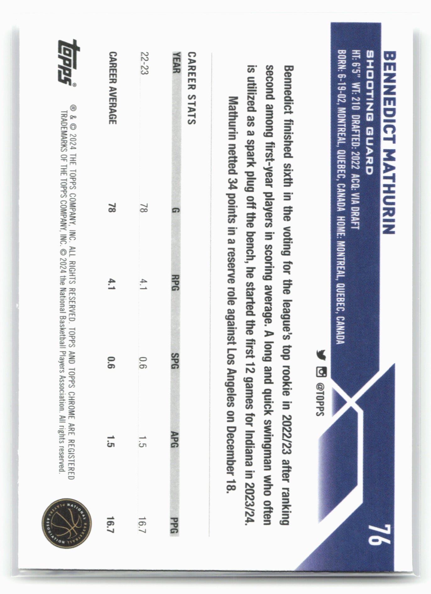 2023-24 Topps Chrome #76 Bennedict Mathurin NM1