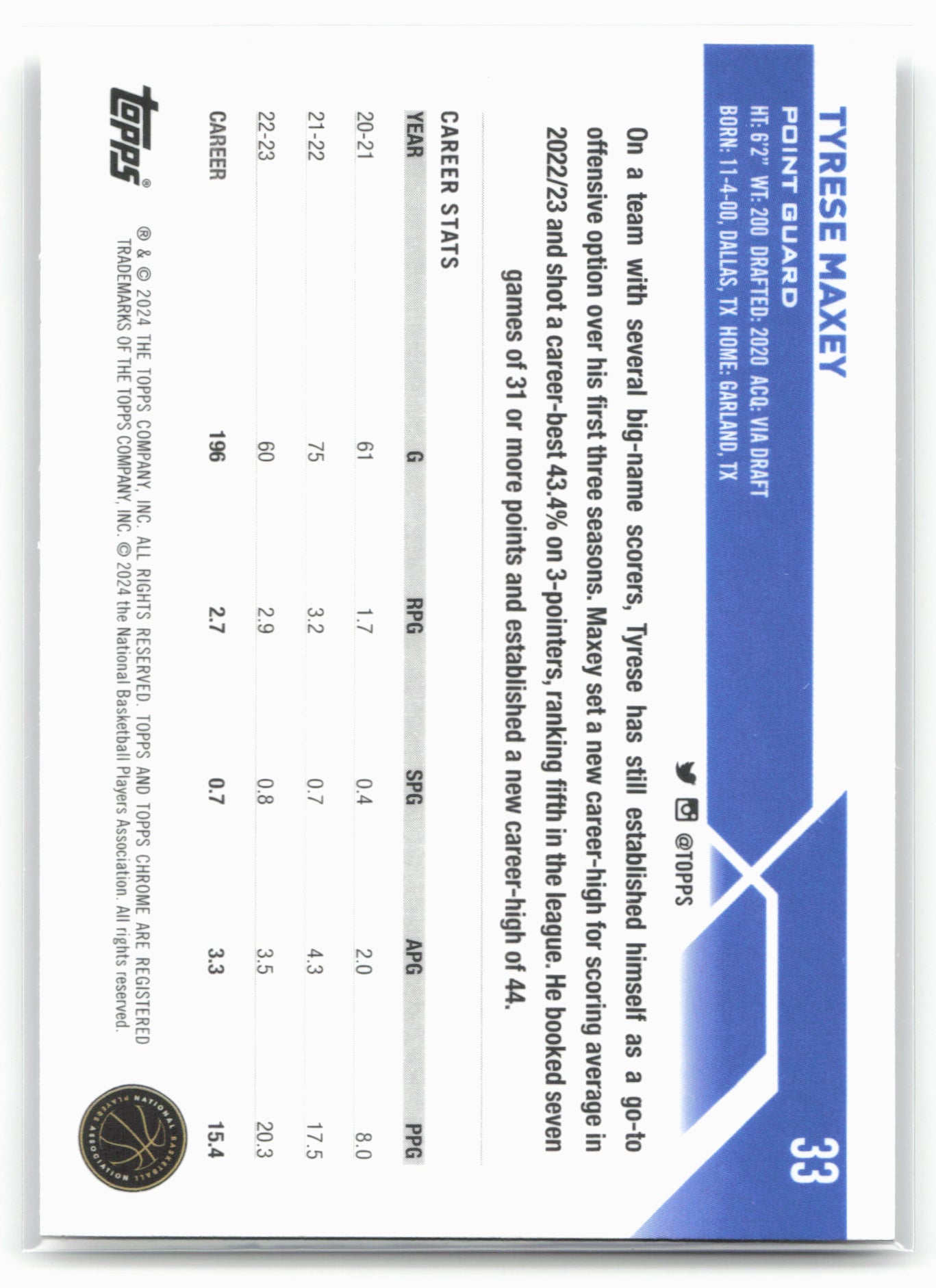 2023-24 Topps Chrome #33 Tyrese Maxey NM1