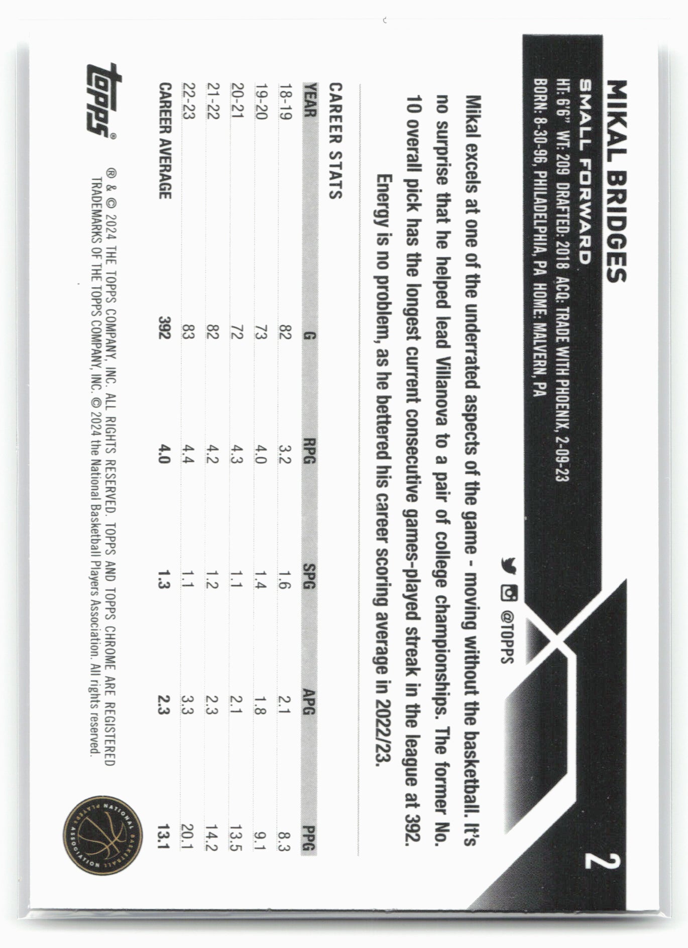 2023-24 Topps Chrome #2 Mikal Bridges NM1