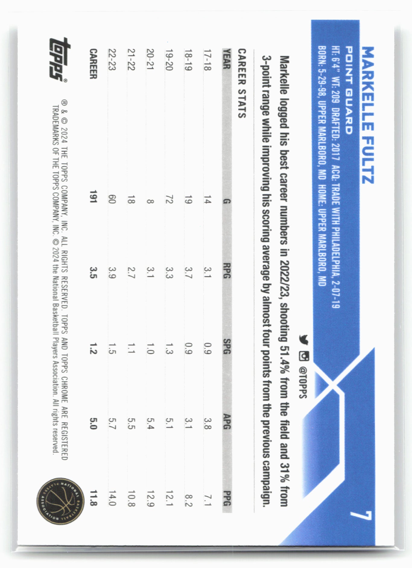 2023-24 Topps Chrome #7 Markelle Fultz NM1