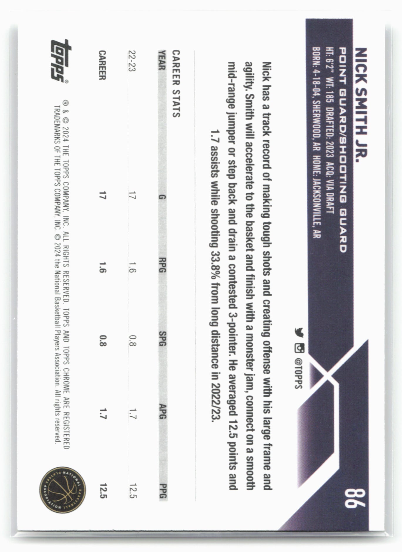 2023-24 Topps Chrome #86 Nick Smith Jr. 17756