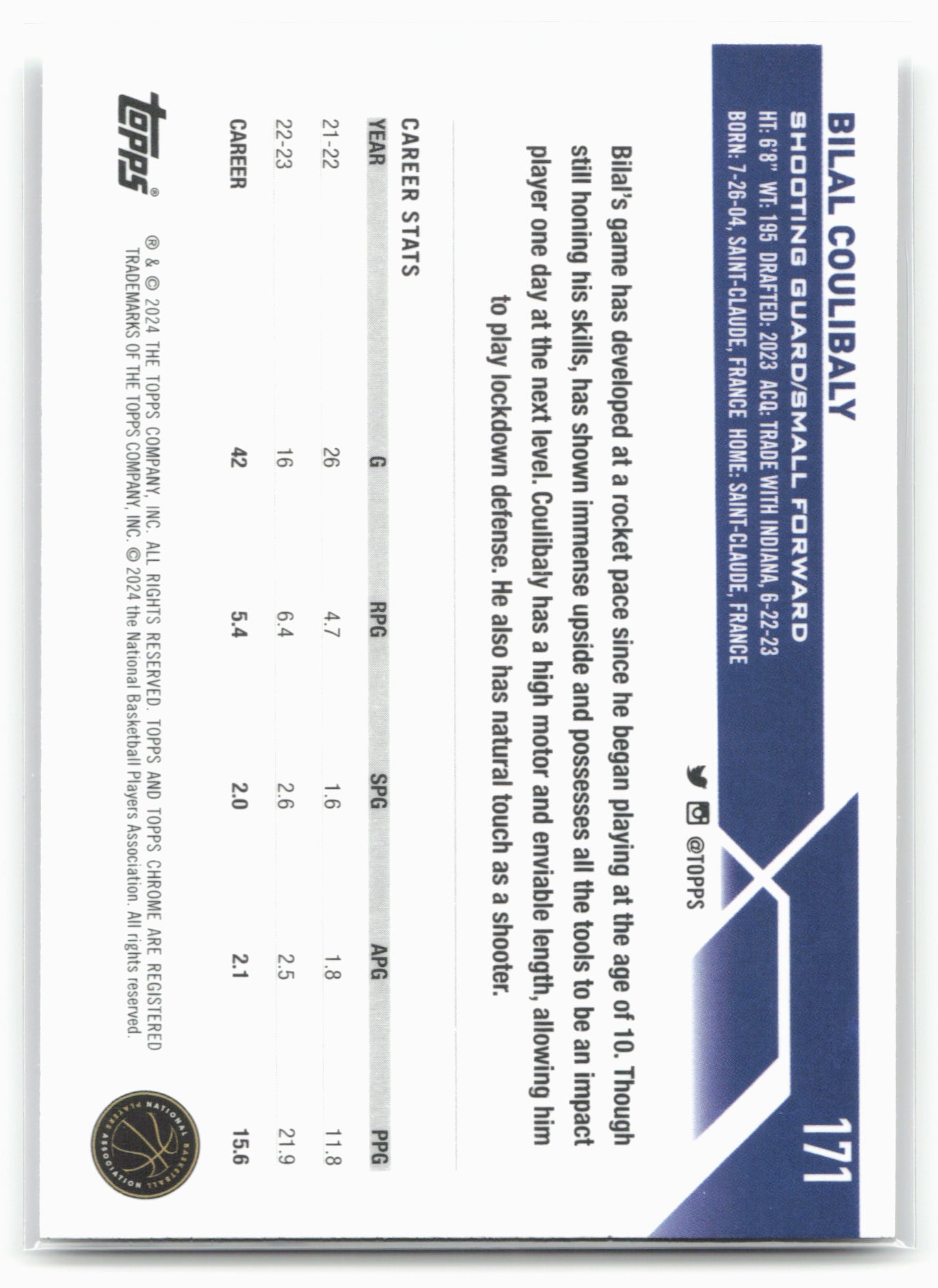 2023-24 Topps Chrome #171 Bilal Coulibaly 17757