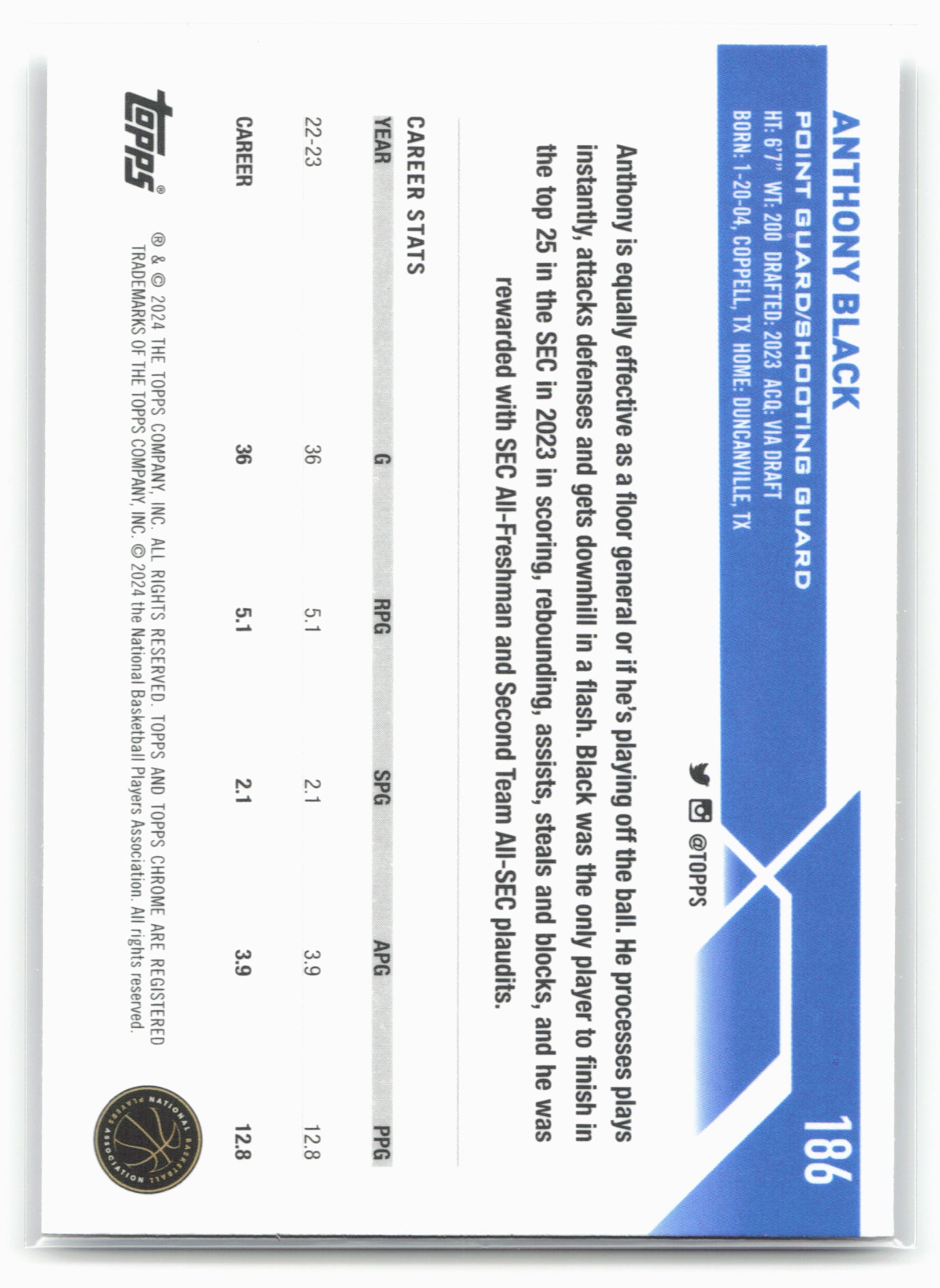 2023-24 Topps Chrome #186 Anthony Black 17767