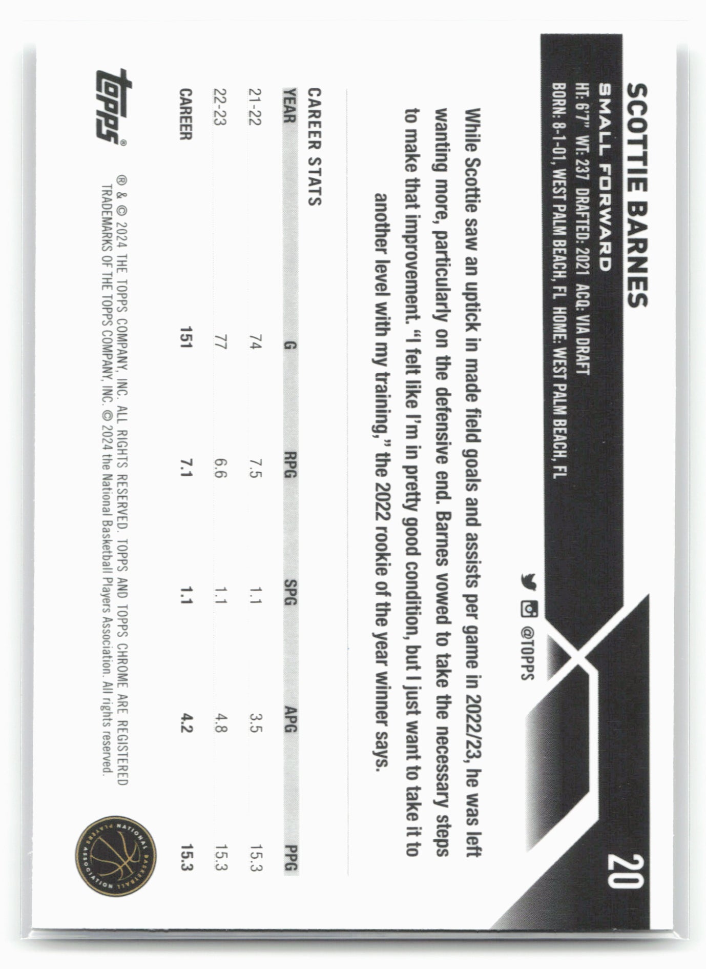 2023-24 Topps Chrome #20 Scottie Barnes 17770