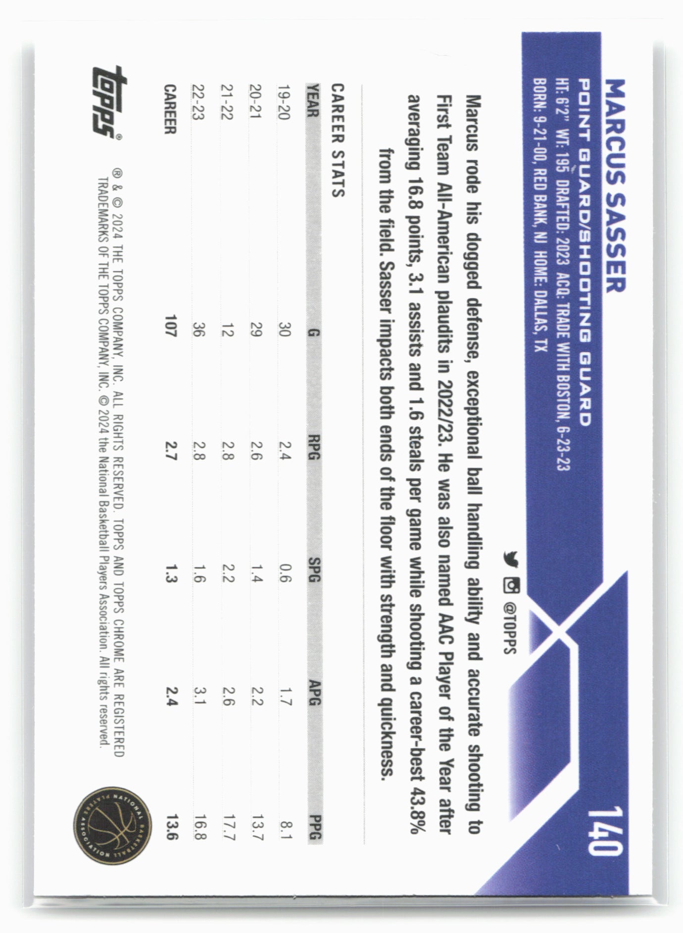 2023-24 Topps Chrome #140 Marcus Sasser 17774