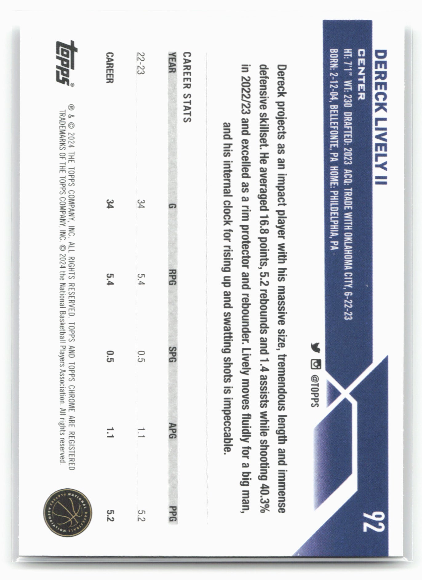 2023-24 Topps Chrome #92 Dereck Lively II 17776