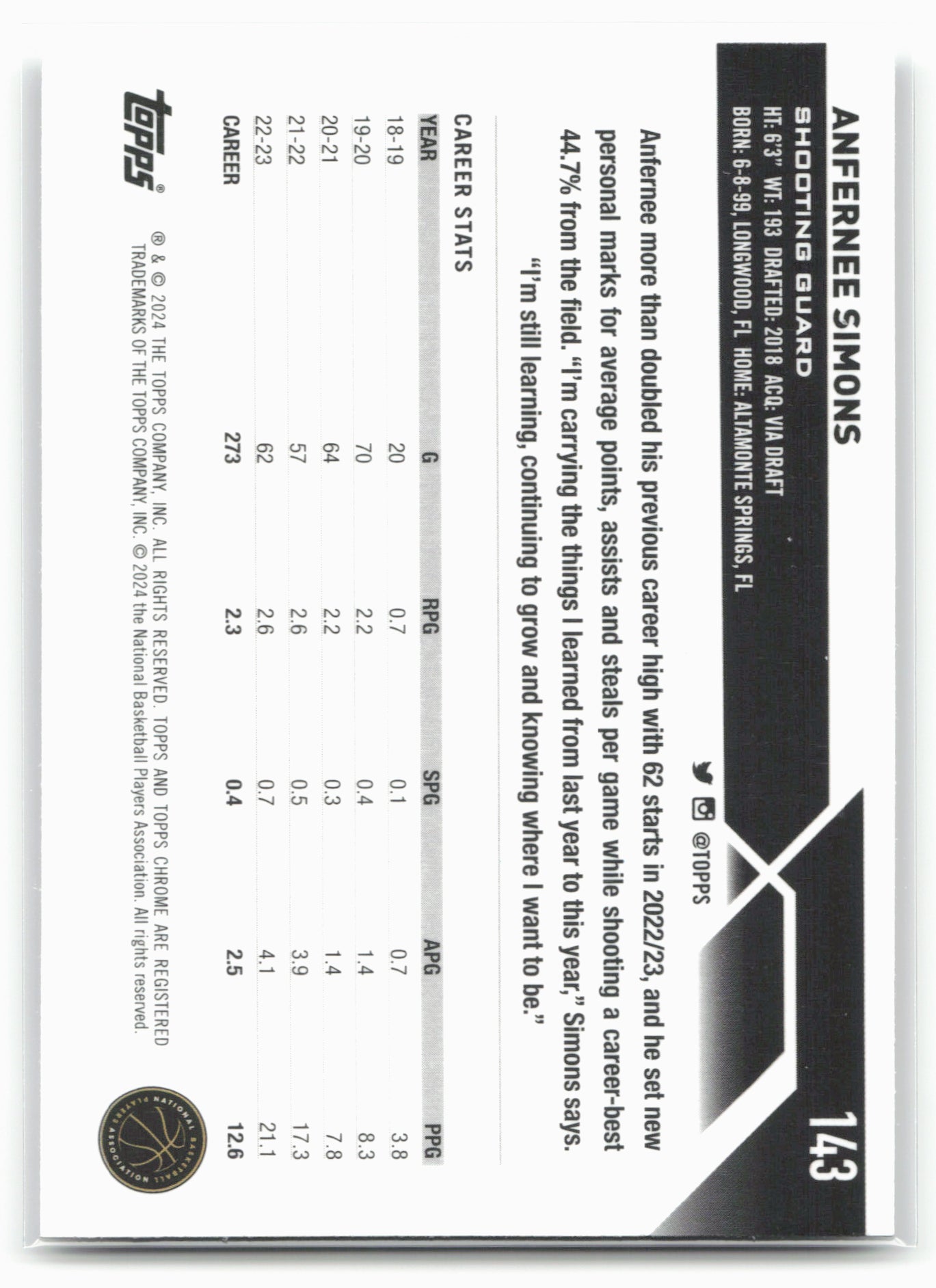 2023-24 Topps Chrome #143 Anfernee Simons 17781