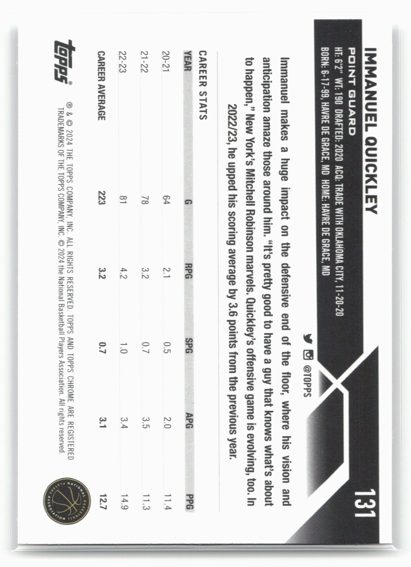 2023-24 Topps Chrome #131 Immanuel Quickley 17783