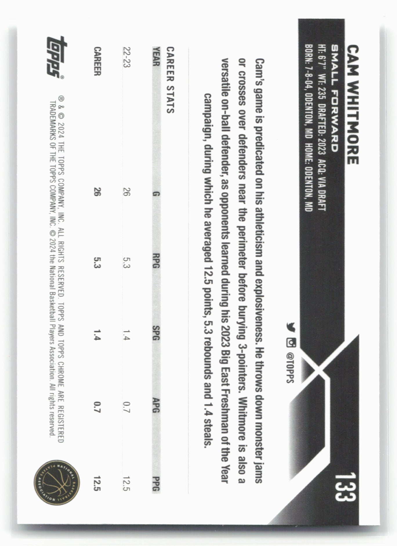 2023-24 Topps Chrome #133 Cam Whitmore 17787