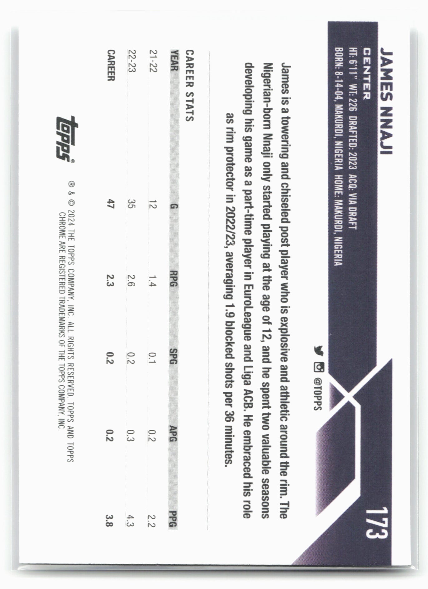 2023-24 Topps Chrome #173 James Nnaji 17789