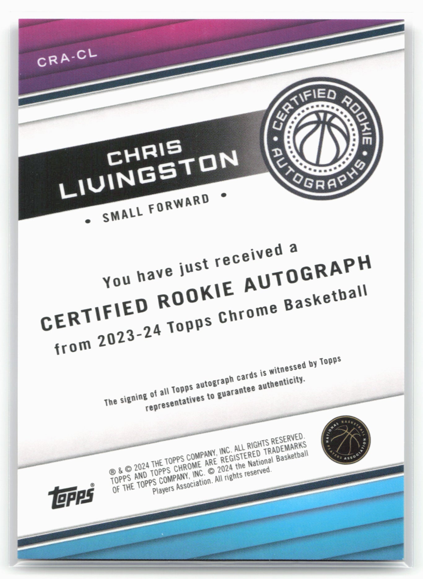 2023-24 Topps Chrome #CRA-CL Chris Livingston Certified Rookie Autographs
