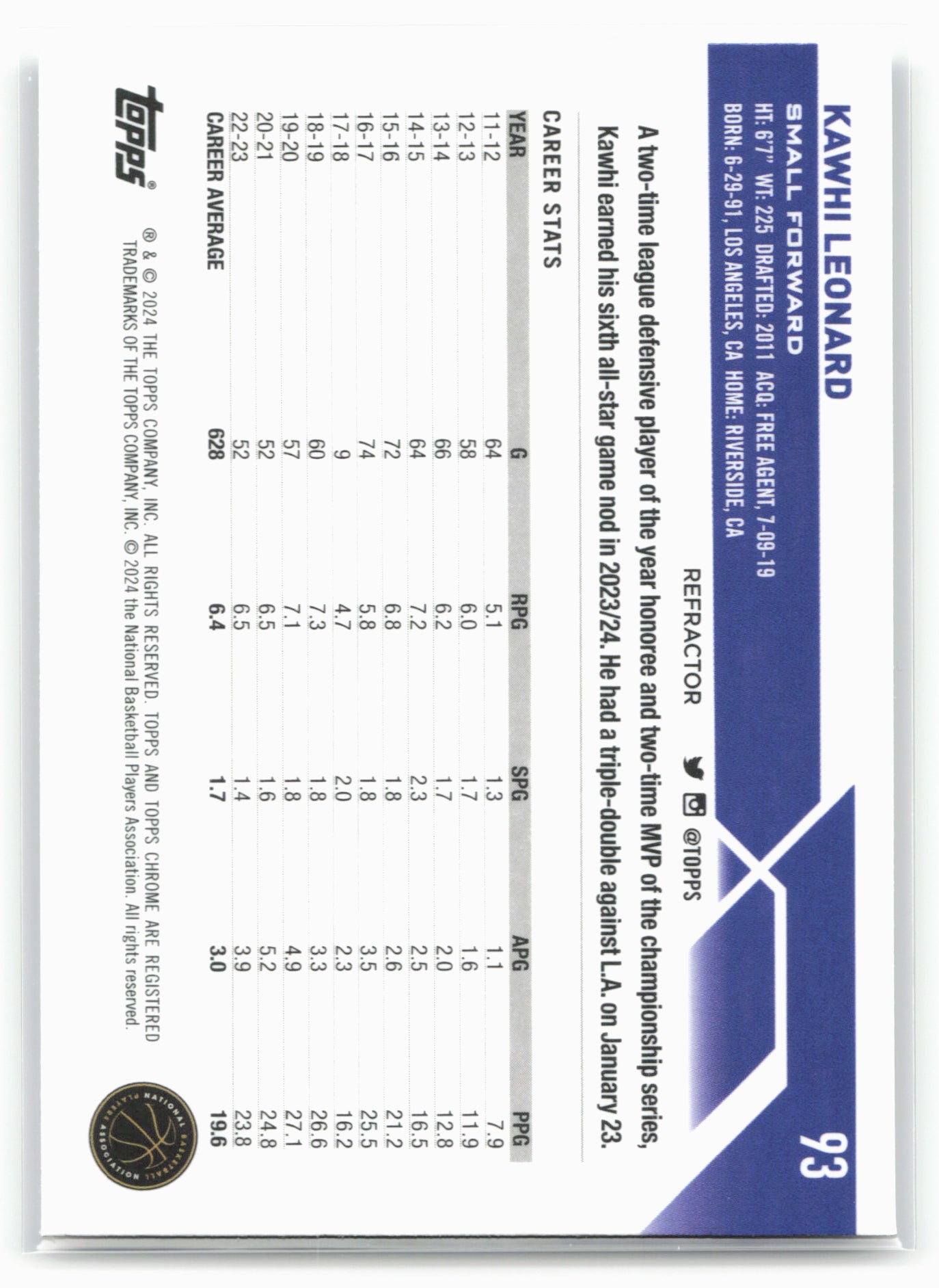 2023-24 Topps Chrome #93 Kawhi Leonard Refractors