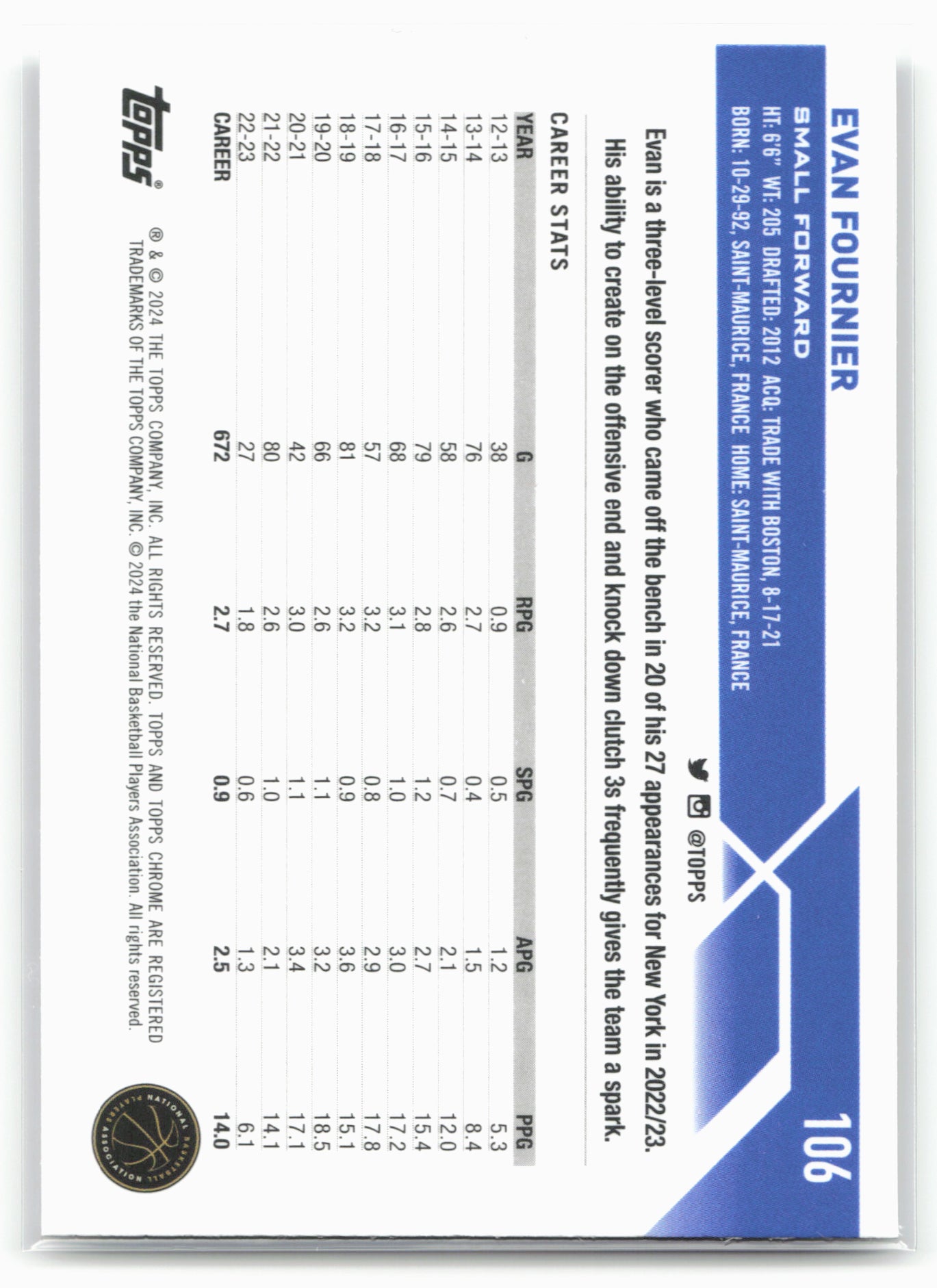 2023-24 Topps Chrome #106 Evan Fournier Speckle Refractors #/299