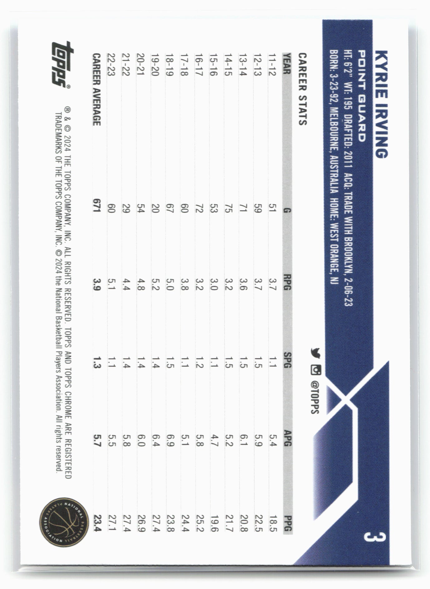 2023-24 Topps Chrome #3 Kyrie Irving Blue Refractors #/75