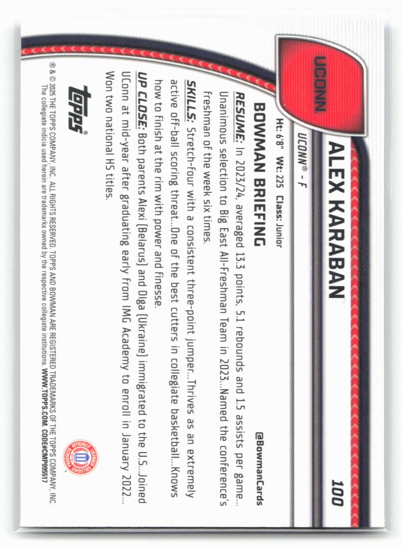 2024-25 Bowman University Chrome #100 Alex Karaban Purple Lava Refractor