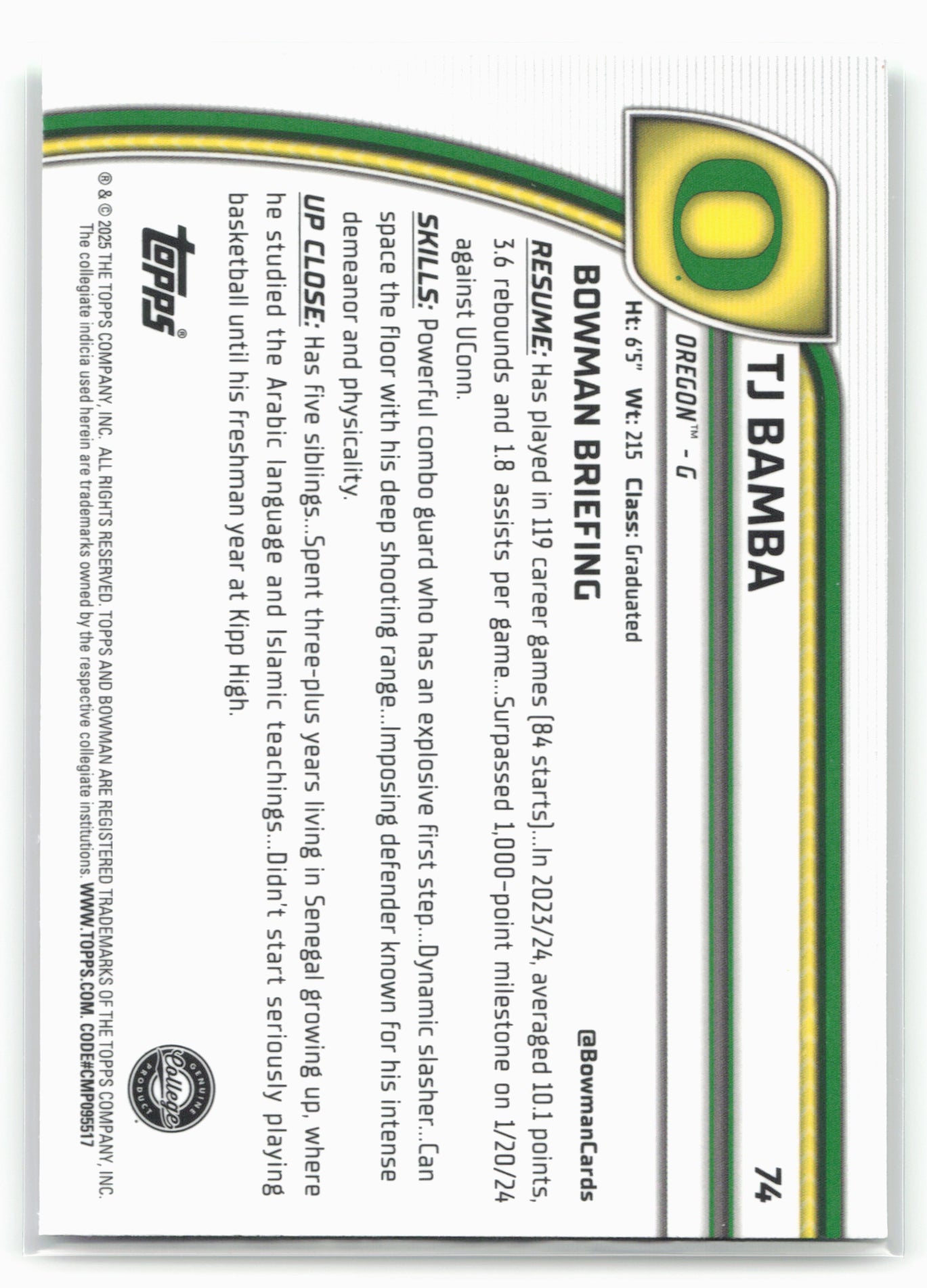 2024-25 Bowman University Chrome #74 TJ Bamba Green Shimmer Refractor