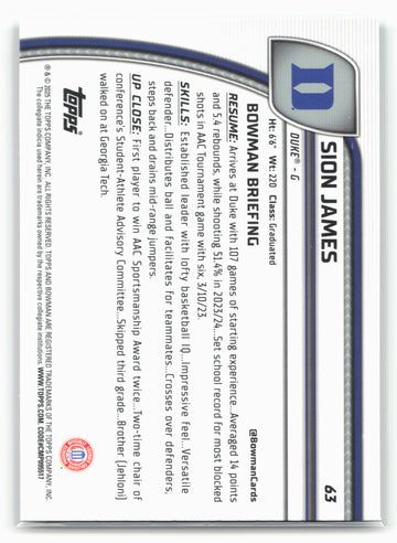 2024-25 Bowman University Chrome #63 Sion James Green Shimmer Refractor