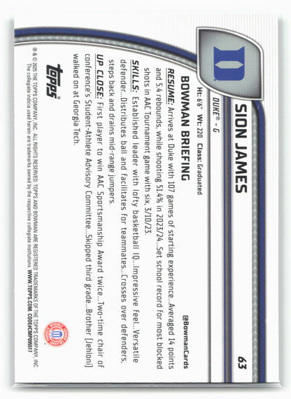 2024-25 Bowman University Chrome #63 Sion James Green Shimmer Refractor