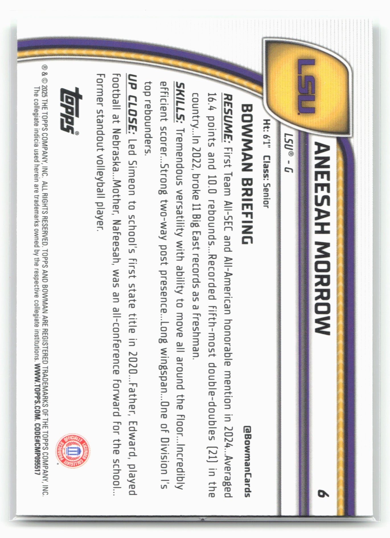 2024-25 Bowman University Chrome #6 Aneesah Morrow Green Shimmer Refractor 17836