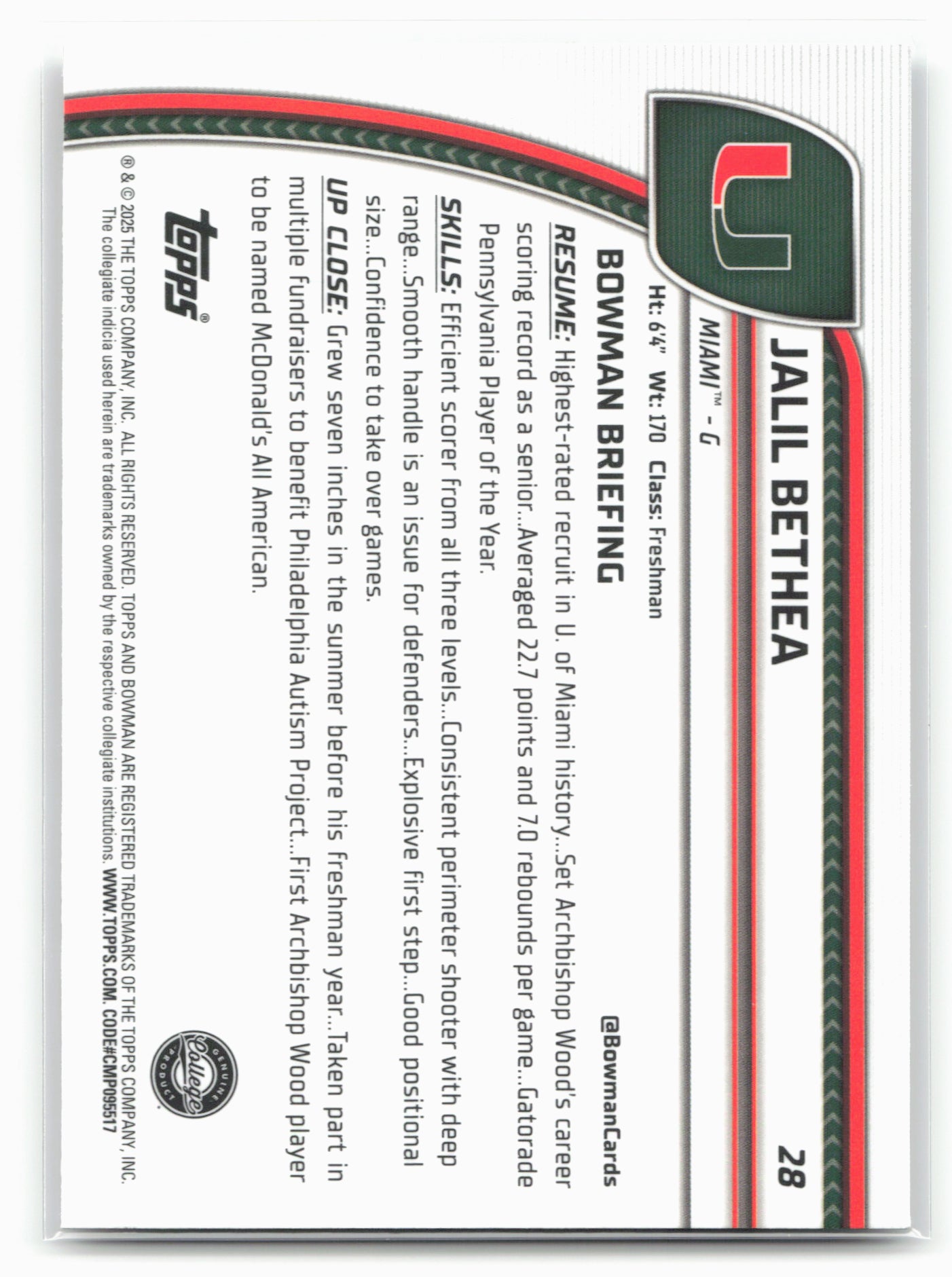 2024-25 Bowman University Chrome #28 Jalil Bethea 17844