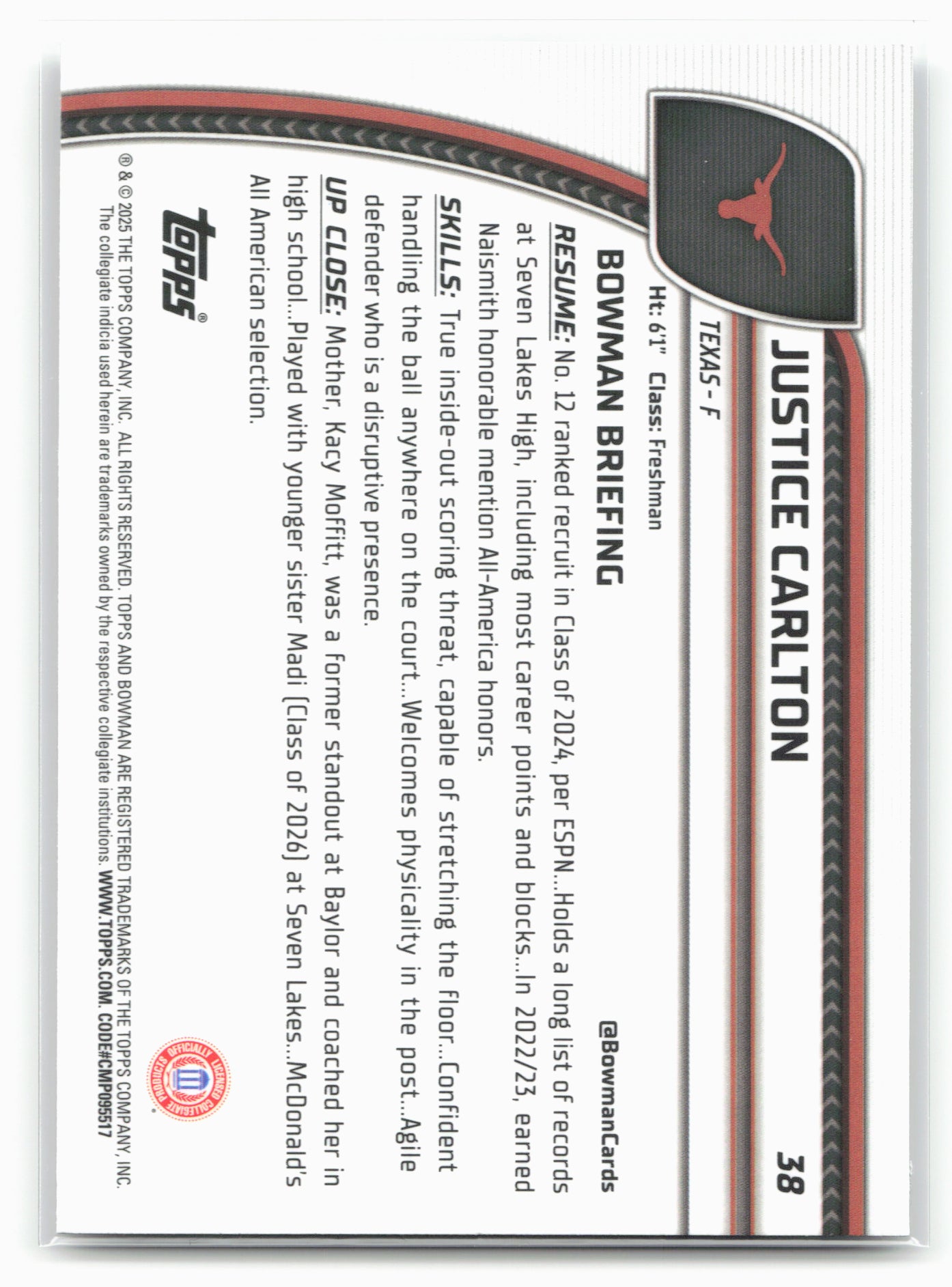 2024-25 Bowman University Chrome #38 Justice Carlton 17845