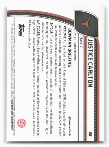 2024-25 Bowman University Chrome #38 Justice Carlton 17845