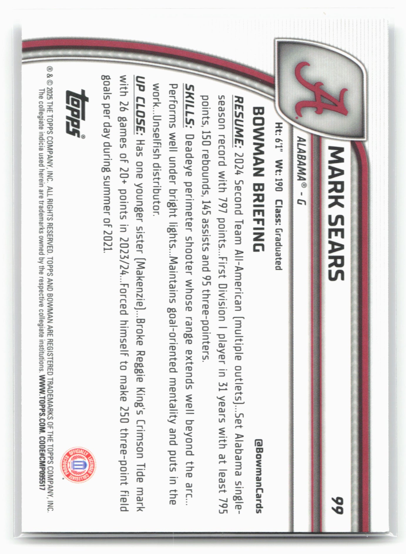 2024-25 Bowman University Chrome #99 Mark Sears 17846