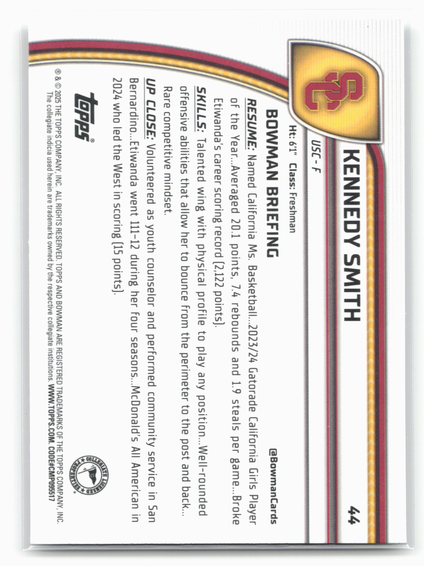 2024-25 Bowman University Chrome #44 Kennedy Smith 17848