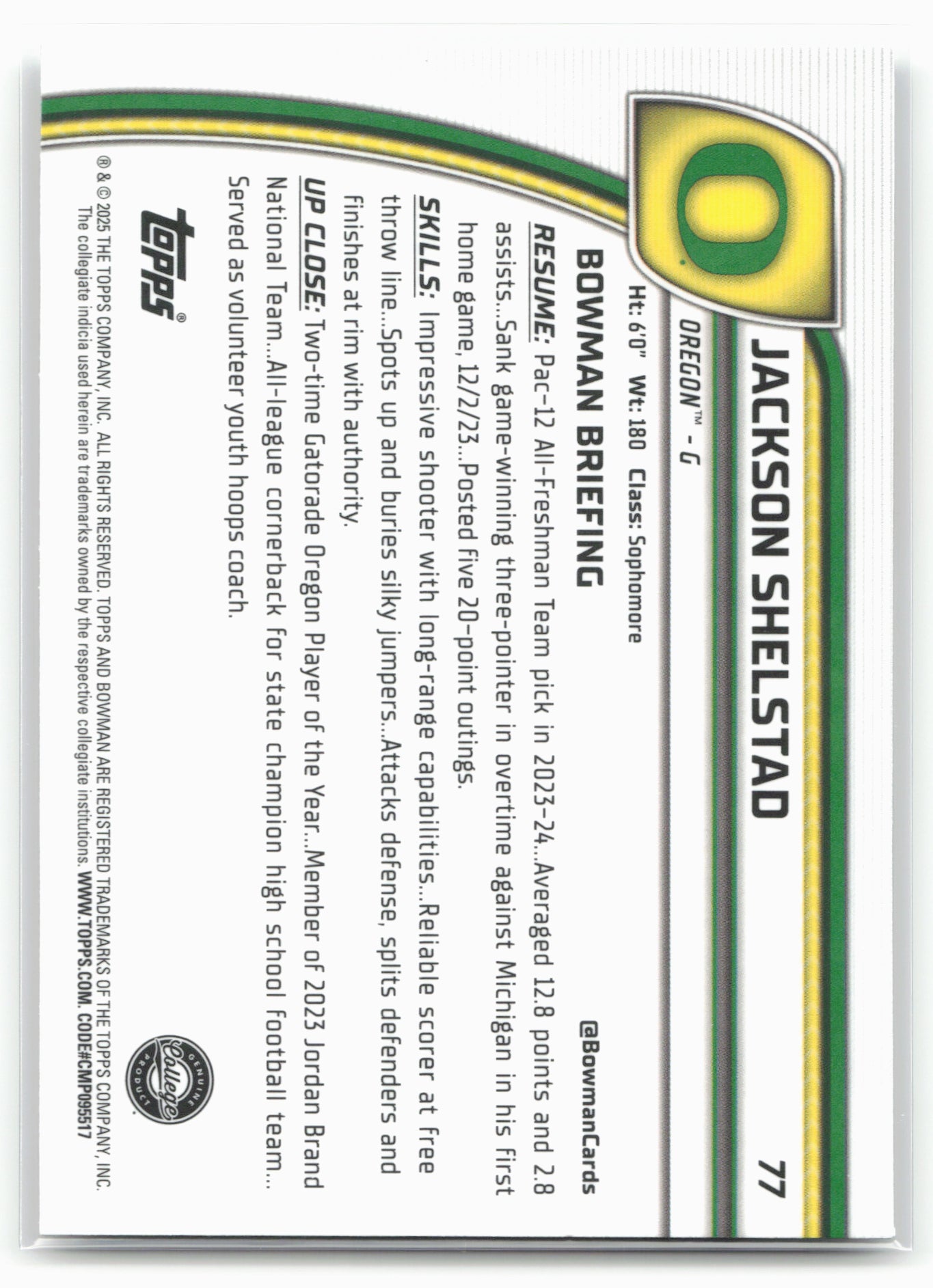 2024-25 Bowman University Chrome #77 Jackson Shelstad 17852