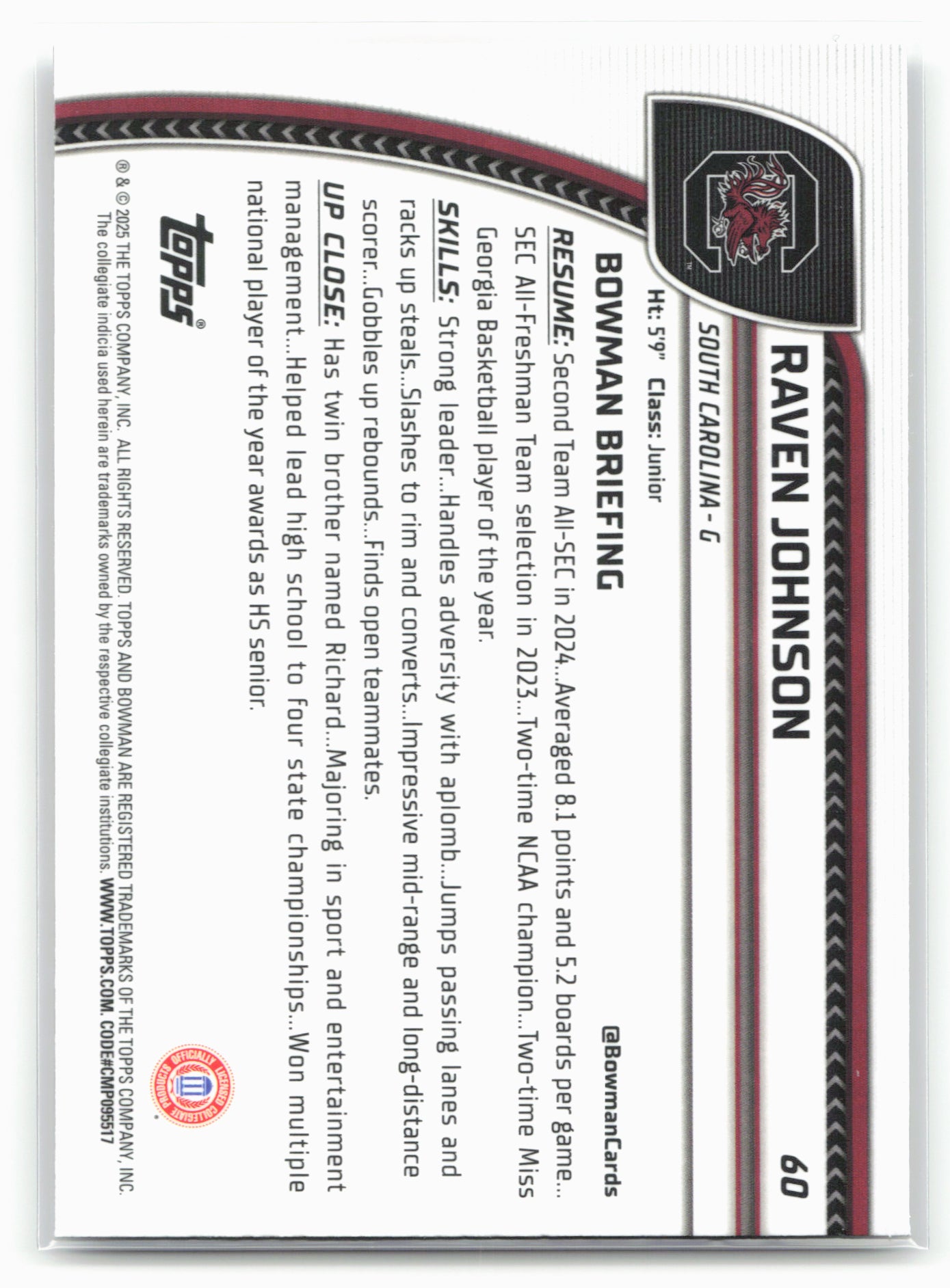 2024-25 Bowman University Chrome #60 Raven Johnson 17854