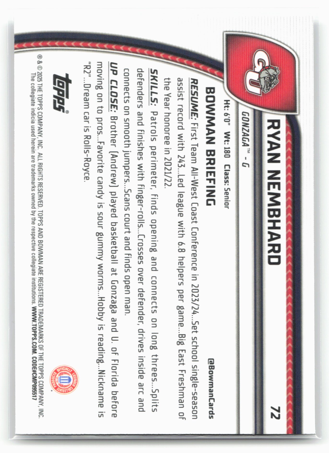 2024-25 Bowman University Chrome #72 Ryan Nembhard 17855