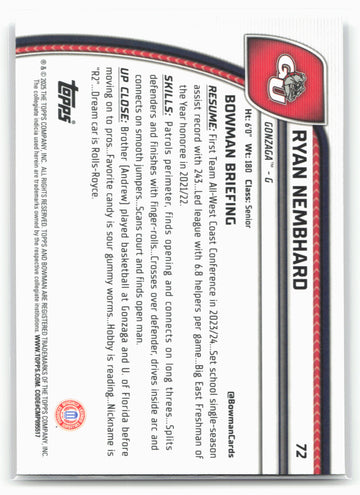 2024-25 Bowman University Chrome #72 Ryan Nembhard 17855