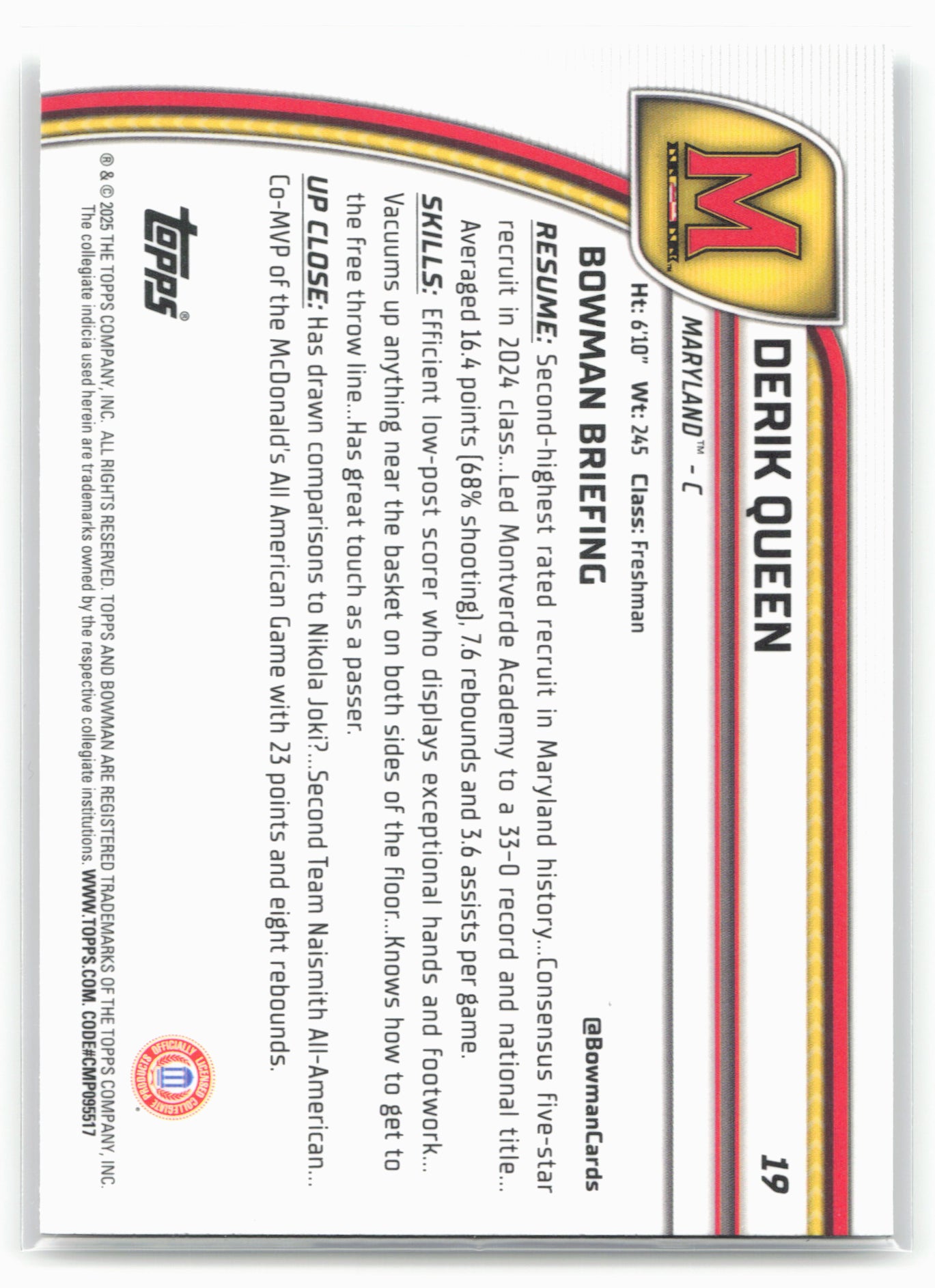 2024-25 Bowman University Chrome #19 Derik Queen 17856