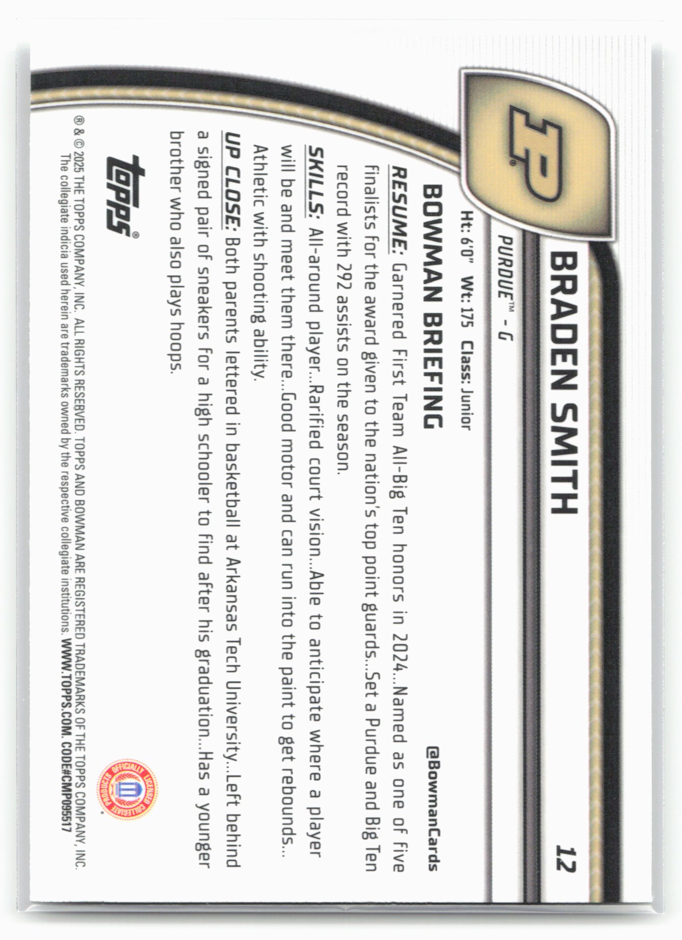 2024-25 Bowman University Chrome #12 Braden Smith 17858