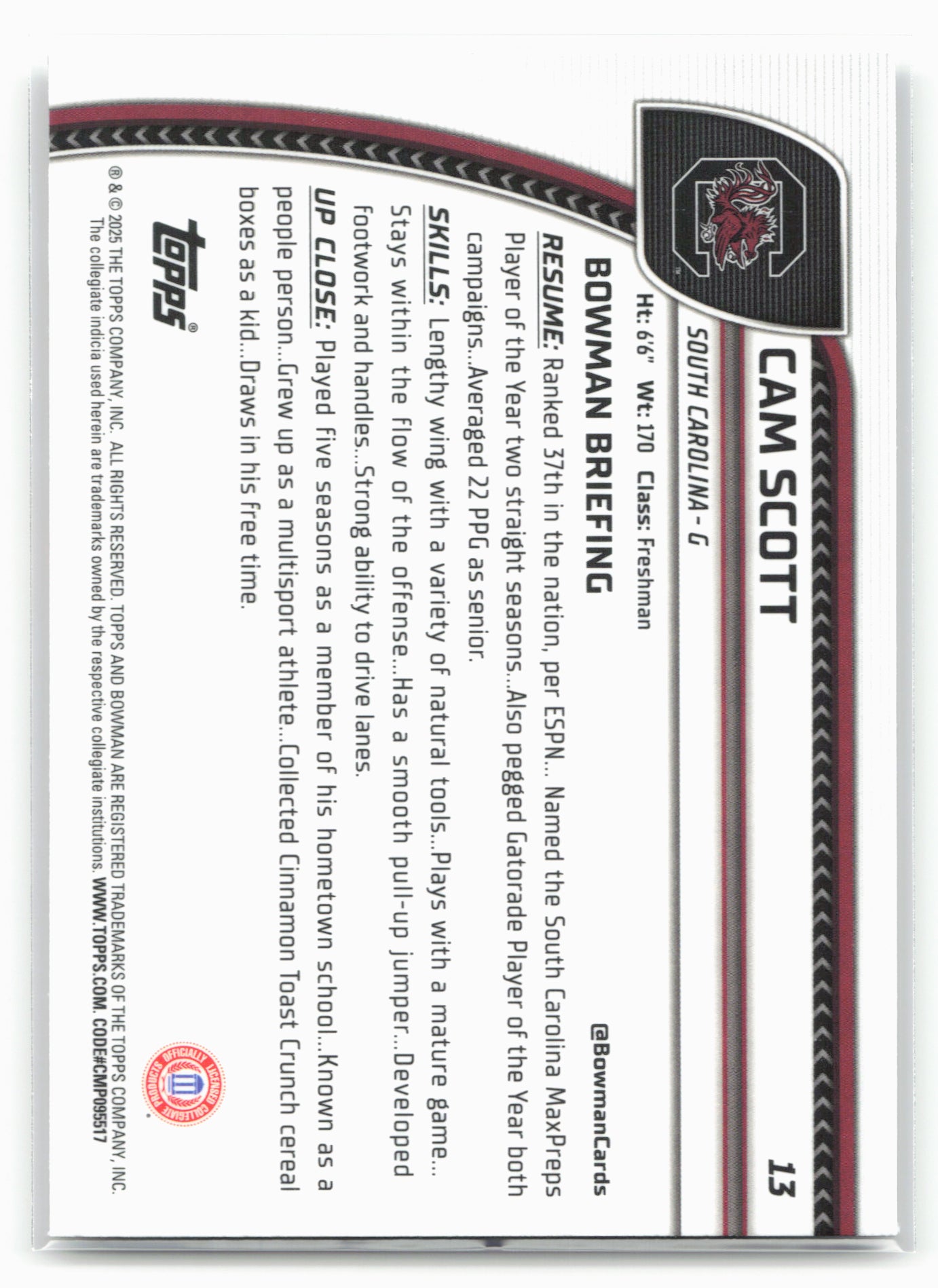 2024-25 Bowman University Chrome #13 Cam Scott 17861