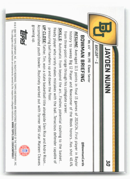 2024-25 Bowman University Chrome #30 Jayden Nunn 17863